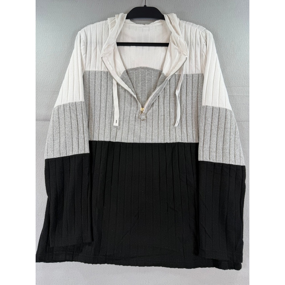 Women XXL Colorblock Ribbed Hoodie Quarter Zip Pullover White Grey Black Top